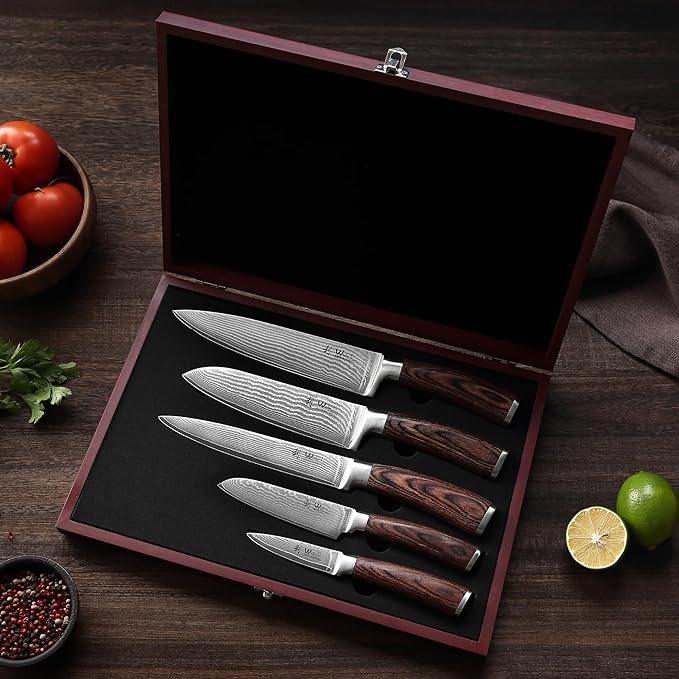Wakoli EDIB 5-Piece Damascus Knife Set – Japanese Style Professional Kitchen Knives | Genuine Damascus Steel Blades with VG10 Core | Ergonomic Pakkawood Handles | Premium Chef Knife Set