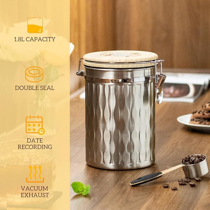 TEDSWAIT Coffee Container with Sealed Cantilever Lid and Scoop, Airtight Stainless Steel Kitchen Food Storage Canister with Date Tracker, 1.8L(Silver)