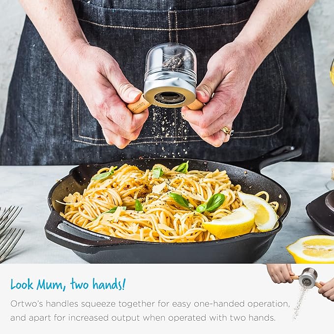 Dreamfarm Ortwo Original Ergonomic 1-or-2-Handed Re-Fillable Pepper, Spice, Seed, Coffee Mill with 6 Grind Settings - 2oz Beechwood