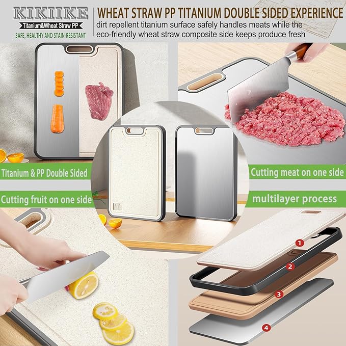 Titanium Cutting Board Double Sided Pure Titanium Cutting Boards for Kitchen, Pure titanium & Wheat Straw PP Food Grade metal cutting board, Non-slip durable and easy to clean (Large)