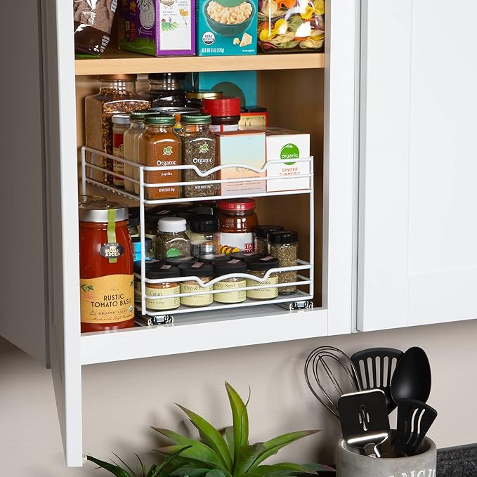 HOLDN’ STORAGE White Spice Rack Organizer for Cabinet, Heavy Duty, Pull Out Spice Rack, Lifetime Limited Warranty, Spice Organization 10.5" W x 10.4" D x 8.8" H - Spice Racks for Inside Cabinets.