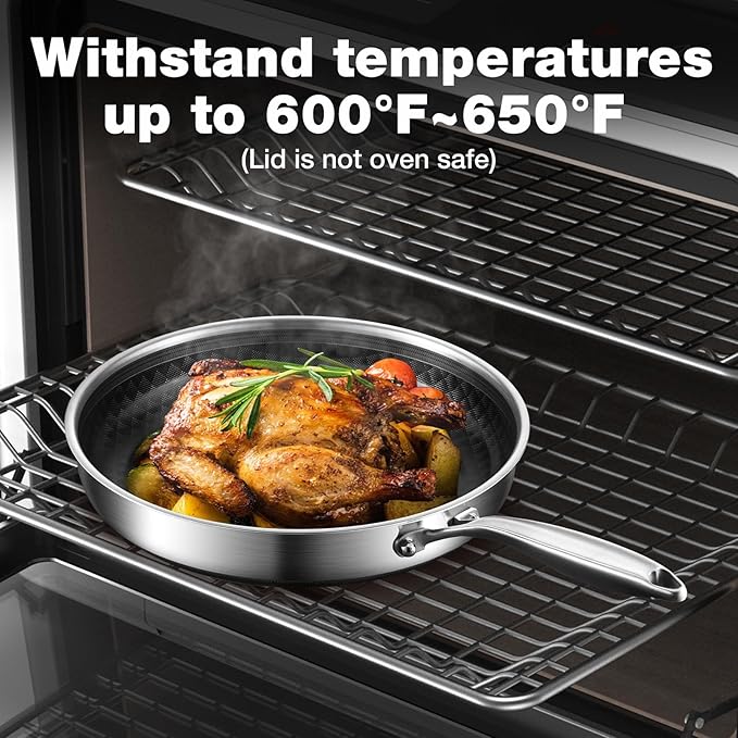 10-Inch Non Stick Frying Pans, NonStick Stainless Steel Pan Set, Tri-Ply Skillets and Pan Set with Lid, Induction Cooker Compatible, Cool-Touch Handle, Dishwasher and Oven Safe