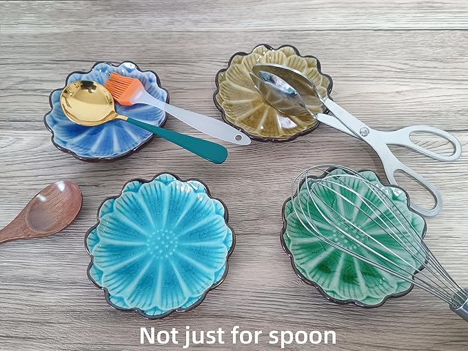 Ceramic Spoon Rest for Stove Top, Flower Cute Spoon Rest for Kitchen Counter, Cooking Spoon Holder for Kitchen Counter, Utensil Rest Spatula Rest Ladle Holder Tong Rest, 1 PC (Ice Cracks, Sapphire)