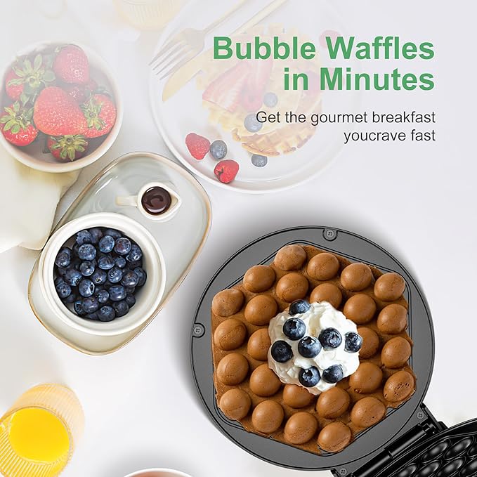 Bubble Waffle Maker, 1000W 7" Non-Stick Griddle, Hong Kong Egg Waffle Maker, Perfect for Creative Ice Cream Desserts