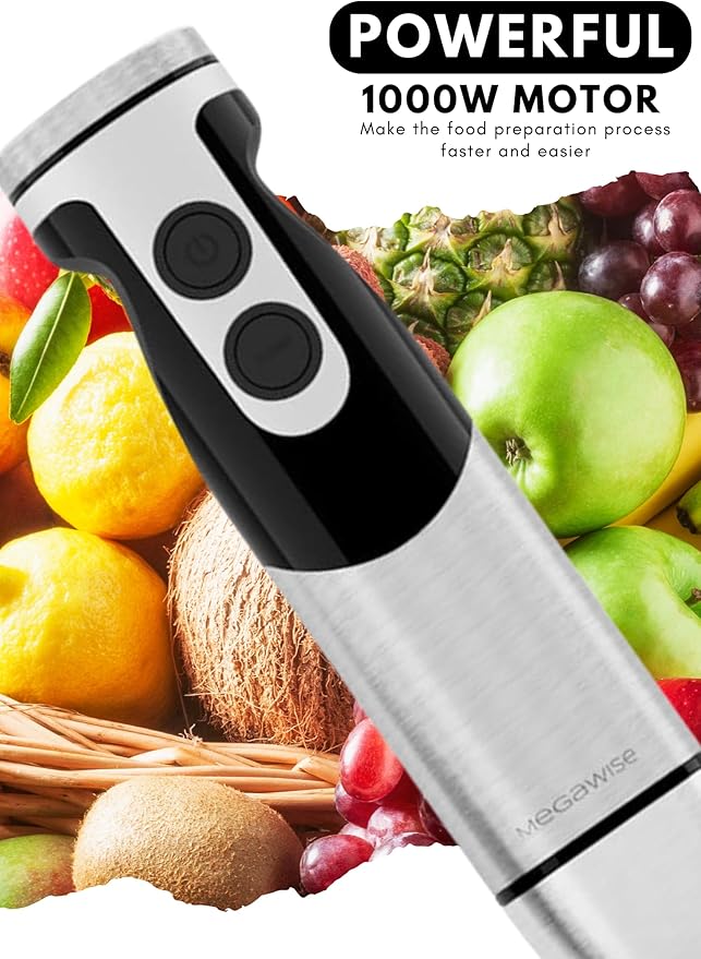 Megawise High-Power Hand Blender – 400W Max Power with Versatile 3-in-1 Attachments (Blending Shaft, Whisk, Chopper); Ergonomic Design with Adjustable Speed Control; Easy to Clean and Maintain (Black)