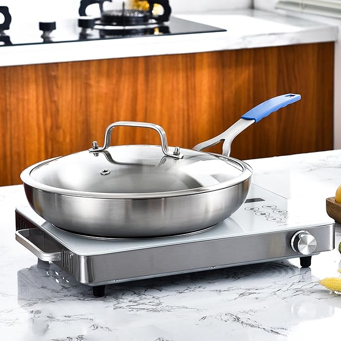 Inqibee 8.5-10-12 Inch Tri-Ply Stainless Steel Frying Pan Set with Lids,Skillets,Induction Cooking Pans,Pots and Pans Set,Dishwasher and Oven Safe,Detachable Handle