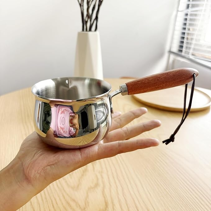 IMEEA Mini Milk Warmer Pot 8.5oz/250ml Butter Warmer SUS304 Tri-Ply Stainless Steel Small Milk Saucepan with Wood Handle