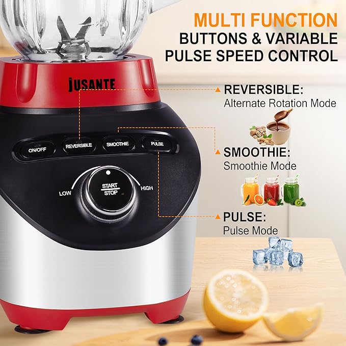 Professional Blender with 1200 Watts and 64 oz Glass Jar Kitchen Countertop Blender for Shakes and Smoothies with High Speed Crushing Smoothie Blender Red for Smoothies Frozen Drinks