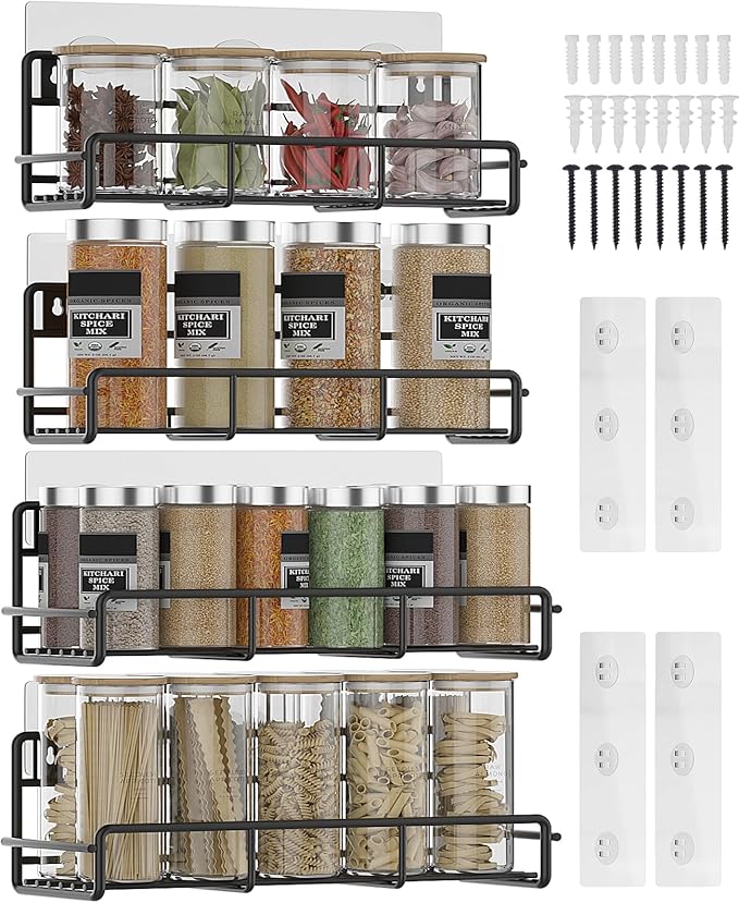 4 Pack Wall Mount Spice Rack Organizer, for Kitchen Pantry Door Storage and Organization, Heavy-Duty Metal Kitchen Spice Rack, Flexible Wall Iron Shelves with Adhesive Hook, Black