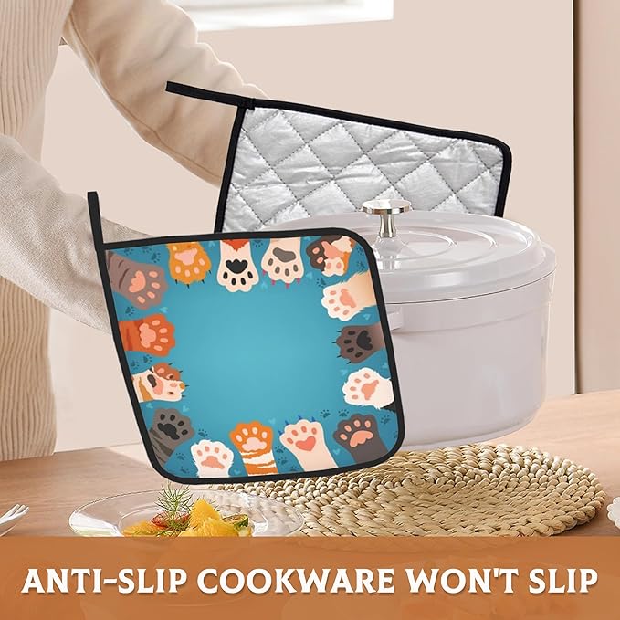 2PCS Cute Cat Paws Pot Holder with Loop,Heat Resistant Oven Pads, Hot Pat for Kitchen Cooking Baking Food