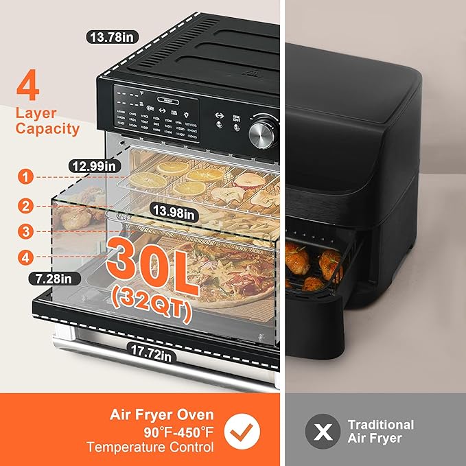 Kitchen in the box 32QT Extra Large Air Fryer Toaster Oven Combo, 21-in-1 Countertop Convection Toaster Oven with Rotisserie and Dehydrate, 6 Accessories, 1800W Dual Cook Preset (Black)