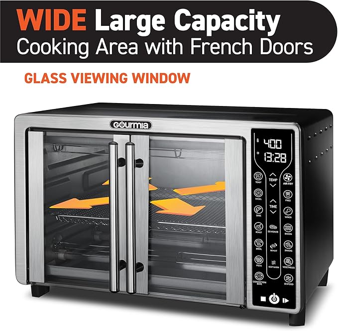 Gourmia Toaster Oven Air Fryer Combo 17 cooking presets 1700W french door digital air fryer oven 24L capacity accessories, convection rack, baking pan tray recipe book GTF7655,Large,Stainless Steel