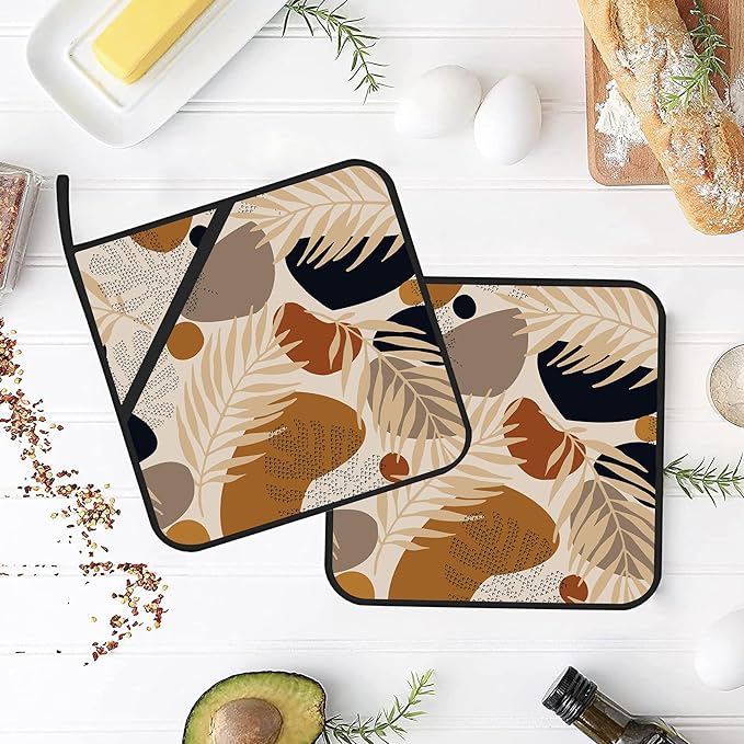 Boho Abstract Geometric Tropical Leaves Pot Holders Set of 2 Oven Hot Pads Pot Holders for Cooking Baking BBQ Gifts for Women