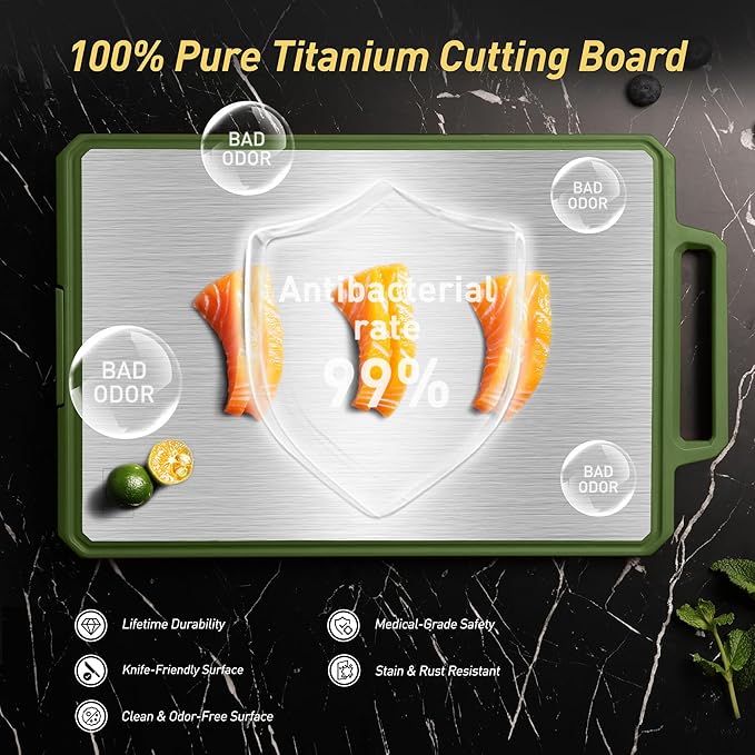 Titanium Cutting Boards for Kitchen Chopping Board with Handle Large Big Small Kitchen Meat Butcher Block 2 in 1 Pure Titanium and Wheat Straw PP Not Wood Bamboo Plastic Silicone Teak Morandi Green
