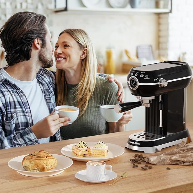 Expressions 20 Bar Espresso Machine with Milk Frother, Coffee Maker for Latte and Cappuccino, Removable Water Tank (Glossy drak)