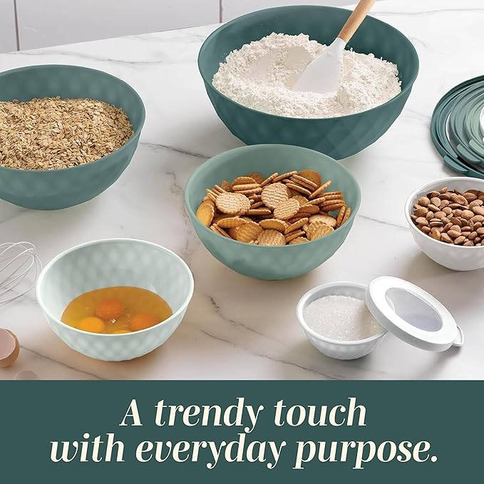 COOK WITH COLOR Mixing Bowls with Lids - 12 Piece Plastic Nesting Bowls Set includes 6 Prep Bowls and 6 Lids, Diamond Design - Microwave Safe (Mint)