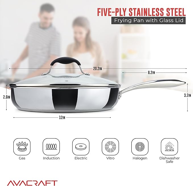 AVACRAFT 18/10 12 Inch Stainless Steel Frying Pan with Lid, Side Spouts, Induction Pan, Versatile Stainless Steel Skillet, Fry Pan in our Pots and Pans (12 inch)