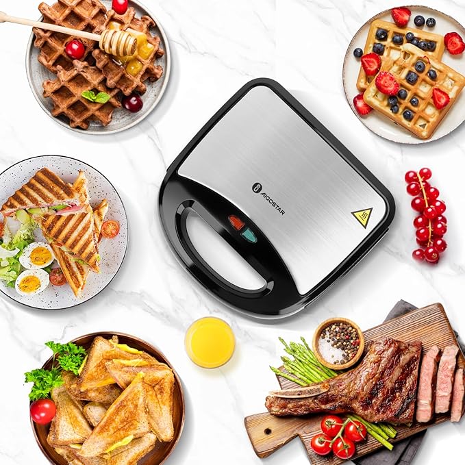 Aigostar Sandwich Maker Panini Press Grill, 3 in 1 Waffle Maker with Removable Non-stick Plates, Electric Grilled Cheese Maker, Portable Cool Touch Handle, Led Indicator Lights & Easy to Clean, 750W