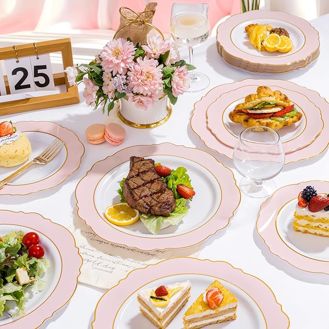 WDF 60pcs Pink Plastic Plates - 10.25inch Baroque Pink And Gold Disposable Dinner Plates for Upscale Parties -Special for Wedding, Party,Birthdays, Baby Shower