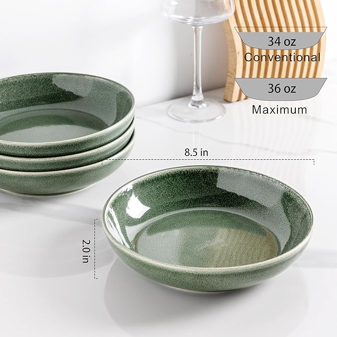 AmorArc 8.5'' Large Ceramic Pasta Bowls Set, 36oz Stoneware Bowls Set of 6 for Kitchen, Reavtive Glaze Bowls-Microwave,Dishwasher Safe-for Pasta,Salad,Oatmeal-Jade Green