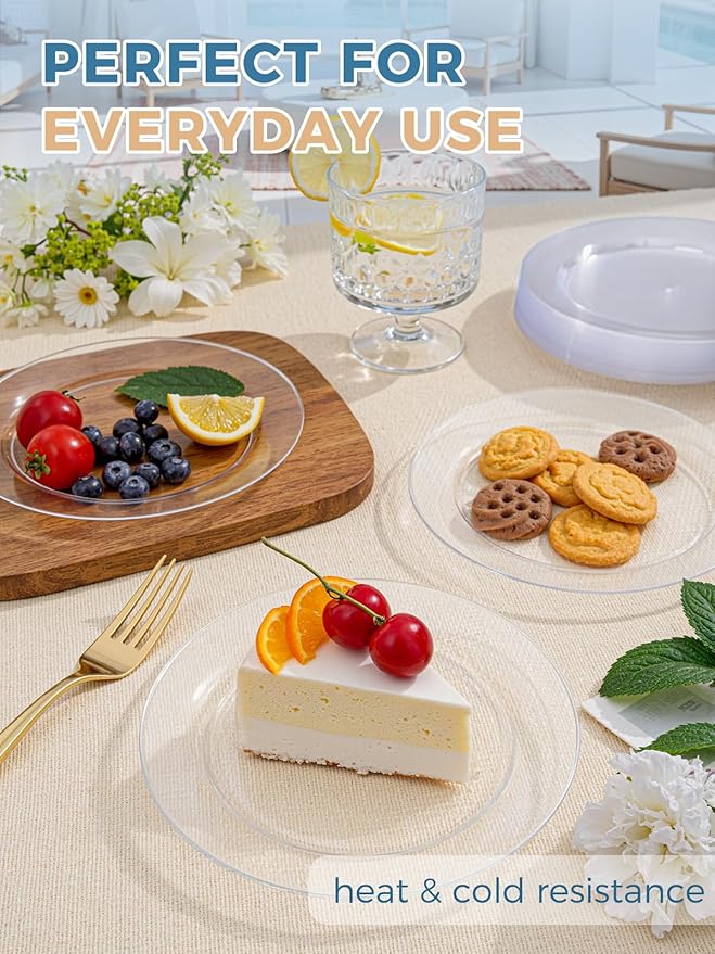 WDF 200PCS Clear Plastic Plates for Party - Heavy Duty Clear Disposable Plates - 100 x 10"Dinner Plate and 100 x 7" Dessert/Cake Plastic Plate for Weddings/Traval/Party/BBQ/Events