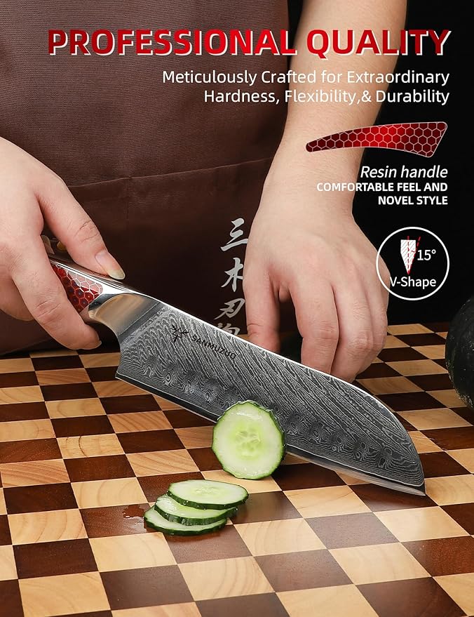 7 inch Santoku Knife, Japanese VG-10 Damascus Steel Chef Knife, Ultra Sharp Kitchen Knife with Full-tang Handle in Red Resin, LA-S9 Series