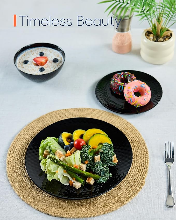 10.5 inch Dinner Plate Set of 6, Light and Durable Opal Glass Black Geometric Faceted Dinnerware Plates, Dishwasher and Microwave Safe