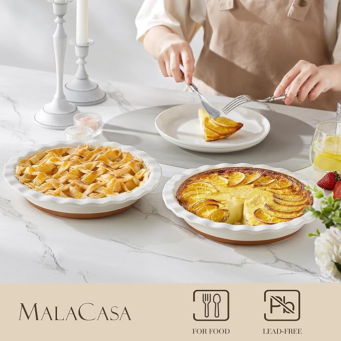 MALACASA Ceramic Pie Pan Set of 2-9 Inch Quiche Baking Dish Nonstick Pie Plate, Deep Dish Scratch-Resistant Pie Pan for Apple Pie Pot Pie, Series TARA