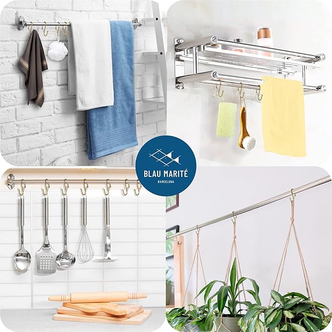 10-Pack Metal S Hooks for Hanging – Heavy-Duty S-Shaped Hook with Safety Buckle – Fits Bars up to 0.8 In – Anti-Drop S-Hooks for Kitchen, Bathroom, Closet & Pot Racks – Gold (Medium)