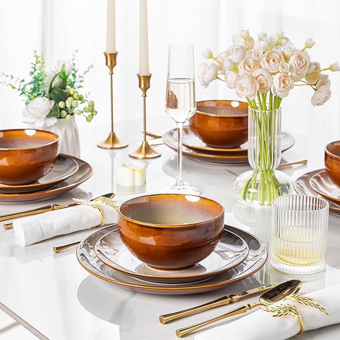 LERATIO Ceramic Dinner Plates Set of 6, 10.5 Inch Handmade Reactive Glaze Porcelain Plates, Coupe Shape Dinnerware Dishes Set for Kitchen,Oven& Microwave & Dishwasher Safe, Scratch Resistant-Kakhi