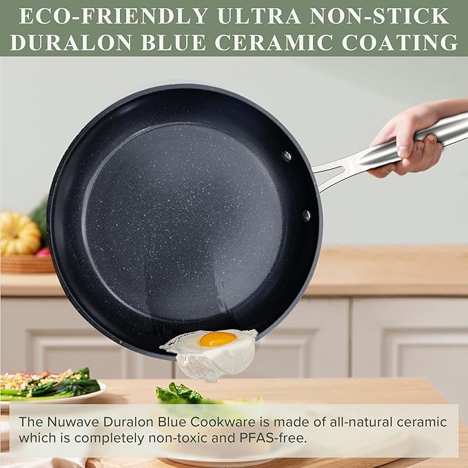 Nuwave Healthy Duralon Blue Ceramic Nonstick Cookware Set, Diamond Infused Scratch-Resistant, PFAS Free, Dishwasher & Oven Safe, Induction Ready & Evenly Heats, Tempered Glass Lids & Stay-Cool Handles