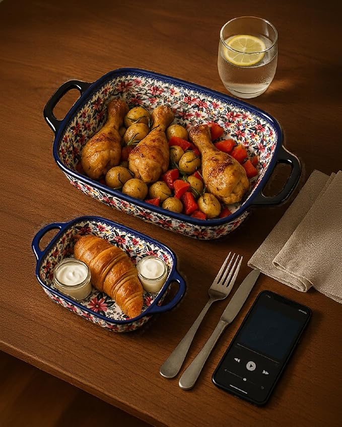 Ceramic Baking Dish Set of 2 – Decorative Polish Pottery Style Casserole Dishes with Handles, Cute Oven-Safe Lasagna Bakeware Gift Set