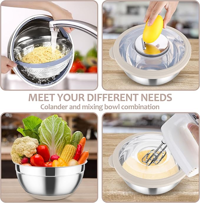 E-far Colander with Mixing Bowl Set, 4-1 Stainless Steel Colander Strainers Bowl with Graters for Kitchen, Rotatable Food Strainer Bowl for Rinsing Fruits Vegetables/Draining Pasta - Khaki