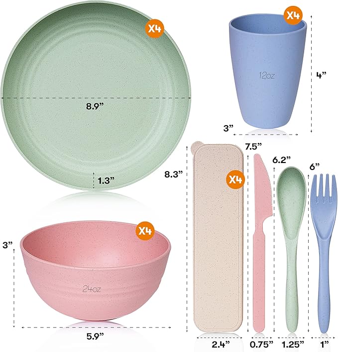 Wheat Straw Dinnerware Sets | Unbreakable Dinnerware Sets | Dishwasher Microwave Safe Dinnerware | Eco Friendly Non Breakable Dinnerware Sets | RV Outdoor Camping (Multi, Service for 4 (28 pcs))