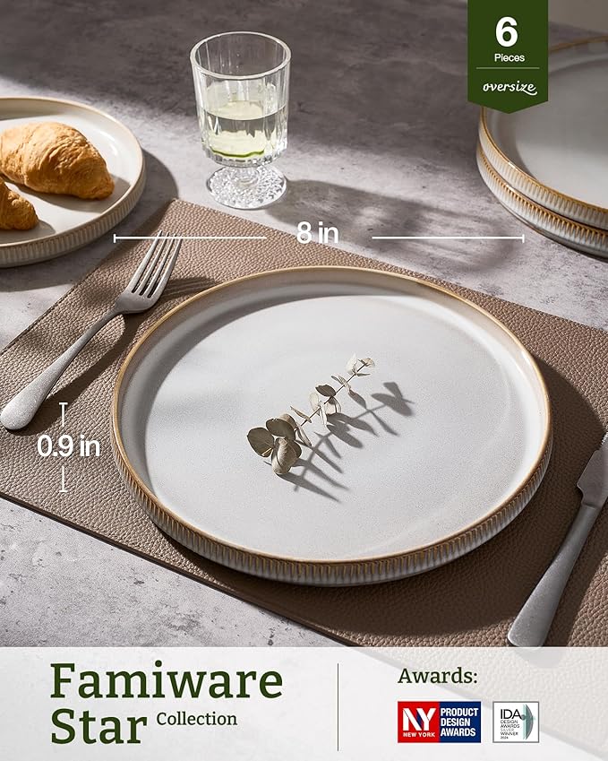 famiware Star Salad Plates for 6, 8 inches Plate Set, Stoneware Dinnerware, Small Dinner Plates for Dessert, Salad, Appetizer, Cappuccino White