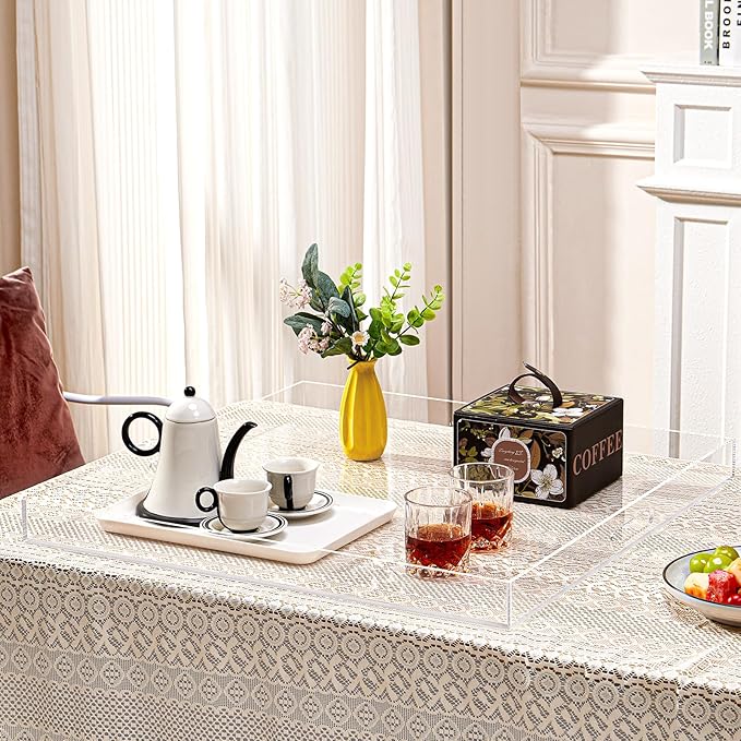 18×18 inches Oversized Clear Acrylic Ottoman Tray Extra Large Decorative Tray Spill-Proof Serving Trays with Handles King-Size Safe Edge Organizer for Coffee Table Countertop Breakfast
