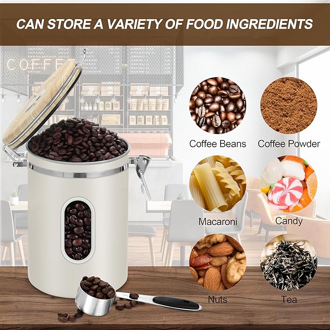 1800ML Airtight Coffee Canister with Date Tracker&Transparent Window, 22.8OZ Coffe Beans Storage with 30ML Measure Spoon&4 co2 Valve, Coffee Container for Grounds Coffee, Beans, Tea, Sugar(Beige)
