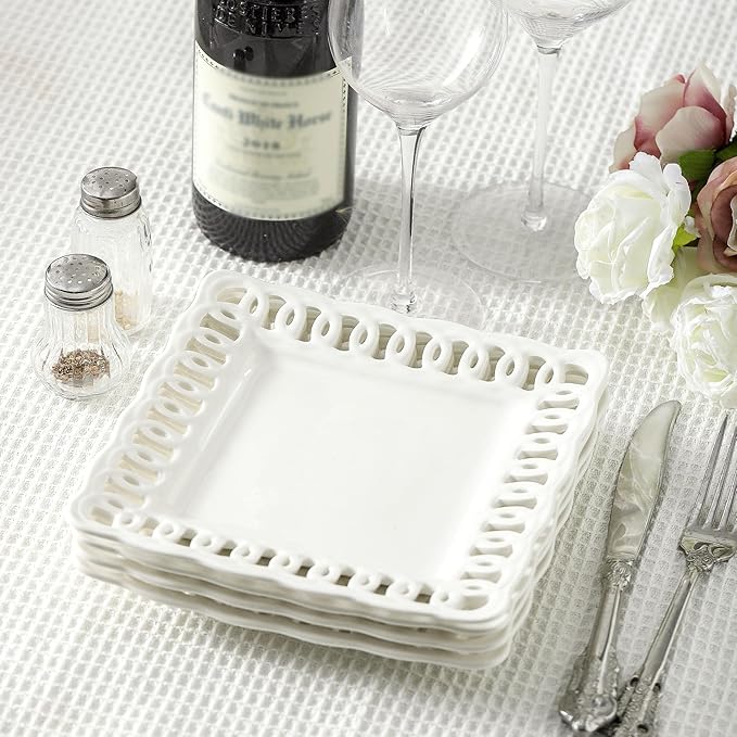 Square Appetizer Plate, Set of 4, 8 inch Ceramic White Dinner Plates with Lace Rim, Small for Cake Snacks Dessert Steak Bread Butter Canape Luncheon Side Dish at Home Hotel and Restaruant, Stackable