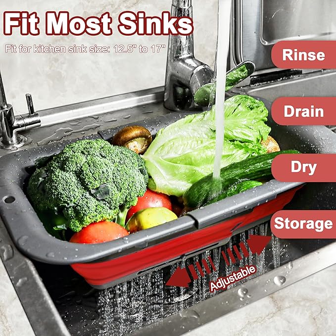 ROTTOGOON 7Qt Collapsible Colander Strainer, Expandable Over the Sink Colander, Adjustable Silicone Kitchen Sink Strainer, Foldable Large Colanders Basket to Wash Vegetable, Fruit, 15" to 19.9", Red