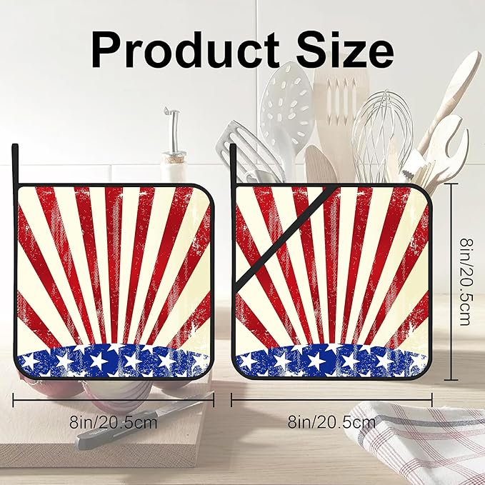 4th of July Grunge American Flag Pot Holders for Kitchen Heat Resistant Pot Holders Set of 2 Oven Hot Pads Pot Holders for Cooking Baking BBQ Gifts for Women