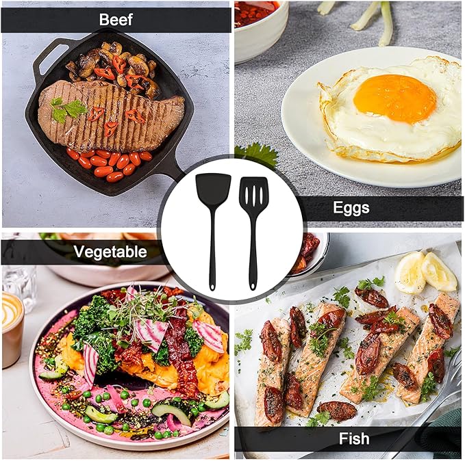 TeamFar Silicone Spatulas, 2pcs Solid & Slotted Cooking Turner for Non-stick Cookware, Kitchen Utensils for Flipping/Frying, Healthy & Seamless, Heat-Resistant & Non-Scratch, Dishwasher Safe, Black