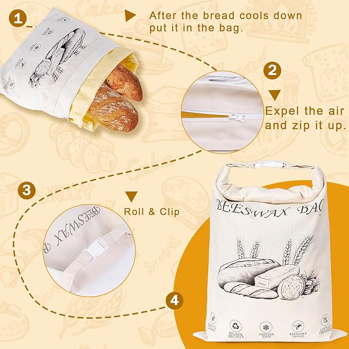 2-Pack Reusable Beeswax Bread Bags for Sourdough & Homemade Bread,Cotton Waxed Bags Keeps Fresh Longer(Ivory Loaf)