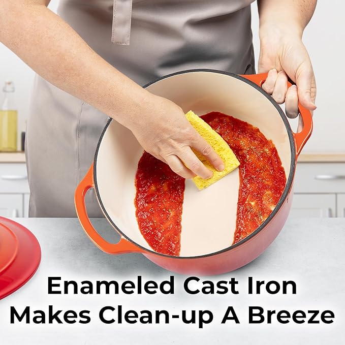 Zulay Kitchen 6 Quart Enameled Cast Iron Dutch Oven with Lid – Premium Durability & Oven Safe up to 500°F – Heavy Duty Cookware Perfect for Bread Baking, Stews, Braising & Roasting – Orange