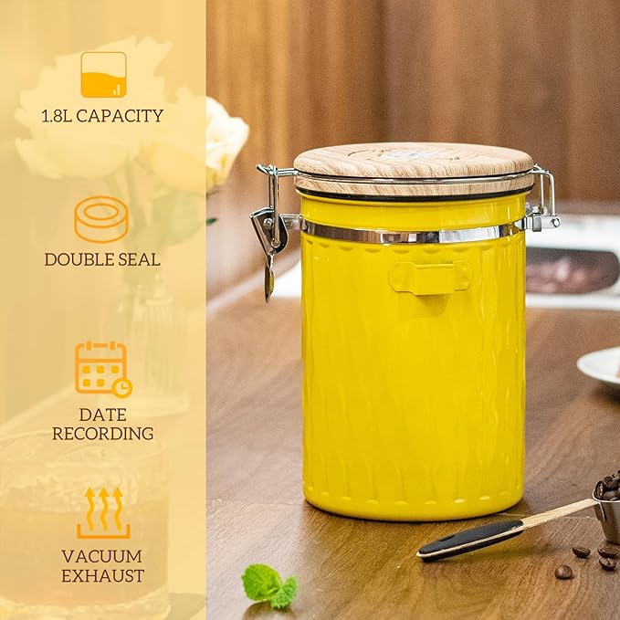 TEDSWAIT Coffee Container with Sealed Cantilever Lid and Scoop, Airtight Stainless Steel Kitchen Food Storage Canister with Date Tracker, 1.8L(Yellow)