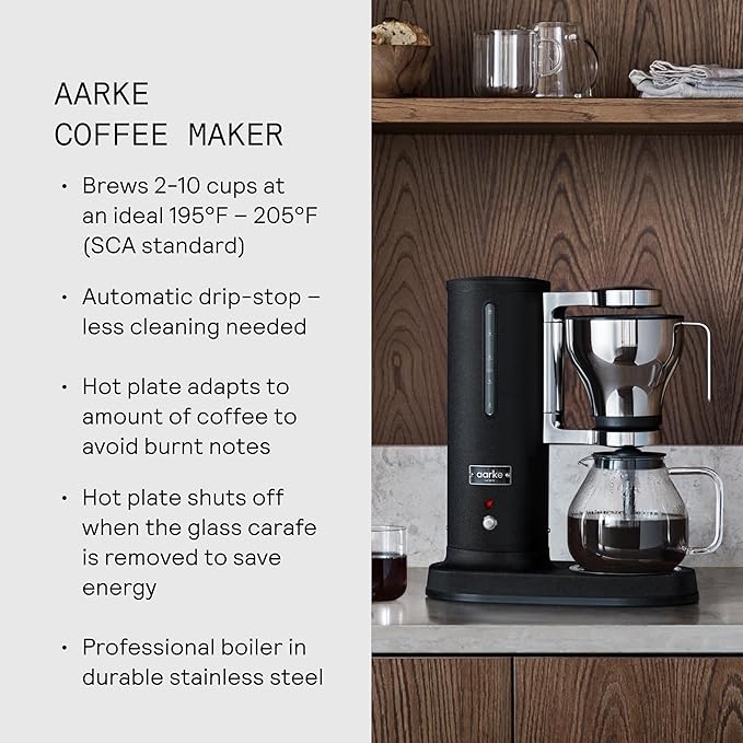 aarke Coffee Maker - Electric 10 Cup / 42 fl oz Drip Brewer with Automatic Drip-Stop, Glass Carafe, Brews Full Pot in Under 6 Minutes, SCA certified, Matte Black
