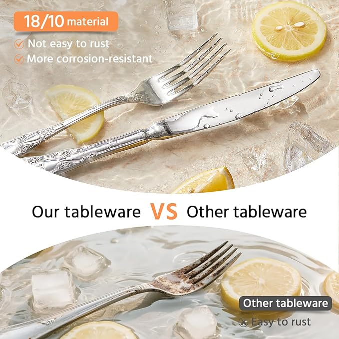 KINGSTONE Vintage Silverware Set, 40-Piece 18/10 Stainless Steel Silverware Set for 8 with Floral Handles, Design Mirror Polished, Utensil Sets for Home Restaurant Wedding,Dishwasher Safe