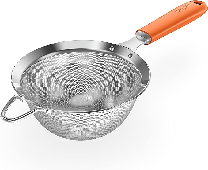 18/8 Stainless Steel Mesh Strainer: U-Taste 5.5 Inch Kitchen Fine Mesh Sieve Food Colander with Riveted Sturdy Silicone Handle and 30 Mesh Hole for Straining Flour, Pasta, Fruit, Quinoa (Orange)