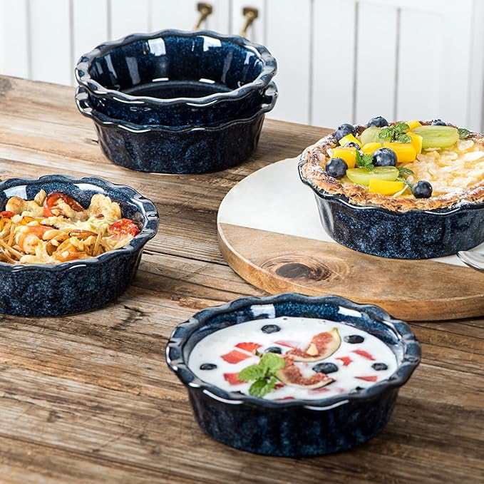 vicrays Ceramic Pie Pan for Baking - 5.5 inch Small Pie Plates Deep Dish Round Pot Casserole Mini Serving Bowl, Microwave Oven Safe for Dessert Apple Pie Cake Tart Pizza, Set of 6 - Blue