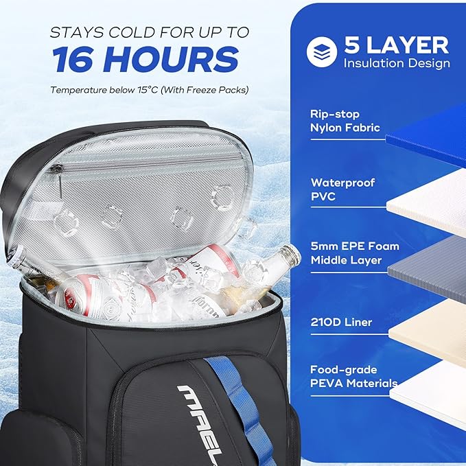 Maelstrom Backpack Cooler,36 Can Cooler Backpack,Soft Cooler Bag Insulated Leakproof,Lightweight Ice Chest Backpack,Travel Cooler Lunch Backpack for Camping,Hiking,Beach,Black