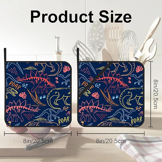 Coloful Dino Silhouette Pot Holders 2 PCS for Kitchen, Heat Resistant Hot Pads for Cooking Grilling Baking BBQ, Pot Holders for Women Cook Essentials Accessories Home Microwave